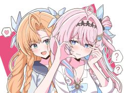  2girls ahoge alternate_costume alternate_universe atoz_(pixiv_29677618) blue_eyes blush braid braided_sidelocks colored_extremities colored_inner_hair denia_(wuthering_waves) embarrassed green_eyes hair_intakes heart heart_hands multicolored_hair multiple_girls open_mouth orange_hair pink_hair school_uniform sidelocks sigrika_(wuthering_waves) smile wuthering_waves 
