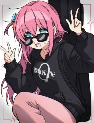  1girl absurdres black_hoodie blue_eyes bocchi_the_rock! commentary cube_hair_ornament double_w english_commentary feet_out_of_frame ghuler gotoh_hitori guitar_case hair_between_eyes hair_ornament highres hood hoodie instrument_case instrument_case_on_back kessoku_band_hoodie_(bocchi_the_rock!) kessoku_band_logo long_hair looking_at_viewer looking_over_eyewear open_mouth pants pink_hair pink_pants pink_track_suit raised_eyebrows simple_background solo sunglasses surprised sweatdrop track_pants track_suit w white_background 
