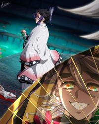  1boy 1girl blonde_hair blood butterfly_hair_ornament douma_(kimetsu_no_yaiba) hair_ornament hana_ni_nare hand_fan haori highres holding holding_sword holding_weapon japanese_clothes kimetsu_no_yaiba kochou_shinobu long_hair multicolored_eyes rainbow_eyes reflection sword weapon 