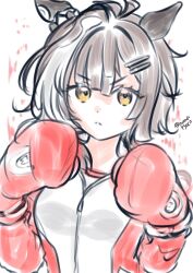  1girl animal_ears antenna_hair boxing_gloves breasts brown_eyes brown_hair closed_mouth commentary_request ear_covers frown gym_shirt hair_between_eyes hair_ornament hairclip highres horse_ears horse_girl jacket looking_at_viewer multicolored_hair namatyoco red_jacket shirt short_hair solo streaked_hair titleholder_(umamusume) tracen_training_uniform track_jacket umamusume upper_body white_shirt 