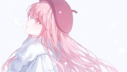  1girl absurdres artist_name beret breath coat commission day from_side hat highres long_hair original outdoors pink_eyes pink_hair pink_hat profile scarf snow snowflakes solo straight_hair upper_body white_background white_coat white_scarf winter yuhaw0v0 