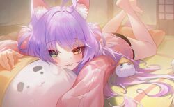  1girl :3 artist_request bare_legs barefoot black_shorts blue_eyes closed_mouth commentary_request dolphin_shorts fang fang_out full_body hair_spread_out highres inari_(tenko_shibuki) indoors korean_commentary long_hair long_sleeves looking_at_viewer lying on_stomach pillow pink_sweater purple_hair second-party_source short_shorts shorts smile solo stellive stuffed_toy sweater tatami tenko_shibuki the_pose virtual_youtuber yellow_eyes 