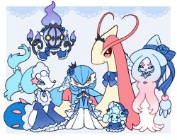  4girls alcremie alcremie_(berry_sweet) alcremie_(mint_cream) alternate_color animal_nose black_crown black_hairband black_sclera blank_eyes blue_background blue_bonnet blue_choker blue_dress blue_eyes blue_flower blue_hair blue_hat blue_ribbon blue_rose blue_skin blue_theme bob_cut bonnet border brooch chandelure choker closed_mouth colored_eyelashes colored_sclera colored_skin commentary_request crown dress fire flat_chest flat_color floating flower frilled_bonnet frills full_body furry furry_female gardevoir gradient_hair hair_between_eyes hair_flower hair_ornament hairband hands_on_lap hands_on_own_cheeks hands_on_own_face happy hat hat_ribbon hatterene heart heart_in_eye jewelry juliet_sleeves knees_up long_dress long_hair long_sleeves looking_to_the_side merfolk mermaid milotic mini_crown monster_girl muguet multi-tied_hair multicolored_hair multicolored_skin multiple_girls off-shoulder_dress off_shoulder orange_eyes outside_border own_hands_together pearl_hair_ornament pink_hair pokemon pokemon_(creature) primarina puffy_sleeves purple_fire red_eyes ribbon rose shiny_pokemon short_hair sidelocks sideways_glance sideways_mouth simple_background sitting smile snout standing starfish_hair_ornament straight-on symbol_in_eye tilted_headwear two-tone_hair two-tone_skin v_arms very_long_hair white_border white_eyes white_skin wide_sleeves witch_hat yellow_eyes 
