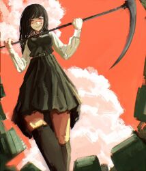  1girl absurdres belt black_hair black_socks blunt_bangs breasts building chainsaw_man collared_shirt commentary cross_scar dress dress_shirt english_commentary from_below grin highres holding holding_scythe kneehighs long_hair long_shirt long_sleeves looking_at_viewer perspective pinafore_dress pleated_skirt red_eyes red_sky renko_040 ringed_eyes scar scar_on_cheek scar_on_face scar_on_nose scythe shirt skirt sky sleeveless sleeveless_dress smile socks standing suspender_skirt suspenders teeth white_shirt yoru_(chainsaw_man) 