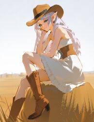 1girl absurdres alternate_costume alternate_hairstyle boots brown_boots brown_corset brown_hat commentary corset cowboy_boots cowboy_hat day dress foot_out_of_frame frieren from_side green_eyes hair_down hand_on_own_cheek hand_on_own_face hat high_heel_boots high_heels highres leg_up long_hair looking_at_viewer looking_to_the_side nyte_tyde outdoors pointy_ears sitting sky sleeveless sleeveless_dress solo sousou_no_frieren straight_hair turning_head white_dress white_hair white_sky 