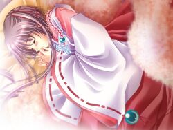  1girl blush brown_hair caren_mayfield hair_ribbon japanese_clothes jewelry miko moldavite necklace pearl_necklace ribbon sleeping solo twintails yukiusagi_(gaballscreen&amp;blaze) 