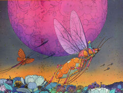  blonde_hair blue_jumpsuit bug dragonfly dusk facing_viewer flower foliage jumpsuit long_hair mini_person minigirl moebius original outdoors people planet riding riding_bug scenery shoes star_(sky) traditional_media twisted_torso wide_shot 