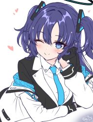  1girl arm_across_chest black_gloves black_halo black_jacket blue_archive blue_necktie blush collared_shirt commentary_request facing_viewer gloves hair_between_eyes hair_ornament halo hand_on_own_face heart highres jacket jacket_partially_removed leaning_on_object long_hair long_sleeves looking_at_viewer mechanical_halo necktie newren25831 one_eye_closed purple_hair red_pupils shirt signature simple_background smile solo triangle_hair_ornament twintails violet_eyes white_background white_jacket white_shirt yuuka_(blue_archive) 