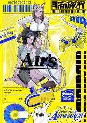  3girls air_groove_(umamusume) air_messiah_(umamusume) air_shakur_(umamusume) animal_ears barcode black_hair black_shorts black_skirt blonde_hair blue_shirt brand_name_imitation breasts brown_hair brown_shoes caloriemate cd character_name collared_shirt compression_sleeve controller dualshock eyebrow_piercing face_piercing game_controller glasses grey_shirt head_tilt highres horse_ears horse_girl horse_tail intel large_breasts leaning_forward looking_at_viewer los_angeles_lakers medium_breasts minidisc multiple_girls pappi pencil_skirt piercing playstation_controller pleated_skirt red-framed_eyewear school_uniform shirt shoes shorts skirt sneakers squatting summer_uniform t-shirt tail thigh-highs tracen_school_uniform umamusume violet_eyes white_shirt white_skirt white_thighhighs yellow_background yellow_eyes 