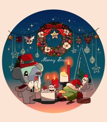  :d animal_focus bear bird black_eyes blue_background blue_fur border bow bowtie cake candle capelet chikafuji christmas_wreath cubchoo delibird feathers food fruit full_body fur-trimmed_capelet fur_trim green_bow green_bowtie green_feathers hat hat_ornament highres holly_hat_ornament looking_at_another merry_christmas natu no_humans open_mouth pokemon pokemon_(creature) pokemon_focus red_bow red_capelet red_feathers red_hat santa_hat simple_background smile snot snowman standing stantler strawberry white_border white_fur wreath 