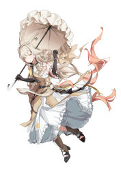  1girl absurdres animal_ear_fluff animal_ears arknights belt black_gloves boots brown_boots brown_dress closed_mouth collared_dress dress full_body gloves hair_between_eyes hands_up high_heel_boots high_heels highres holding holding_umbrella jacinta_(arknights) layered_dress long_dress long_hair looking_at_viewer m_magari rabbit_ears rabbit_girl simple_background smile solo standing umbrella very_long_hair white_background white_dress 