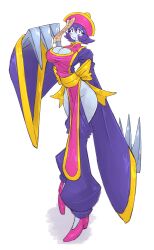  1girl :3 absurdres arm_behind_back boots breasts cape darkstalkers dress dynamic_pose full_body gloves hair_between_eyes harp hat highres holding hsien-ko huge_breasts instrument large_breasts long_eyelashes long_sleeves looking_at_viewer mokkoyu open_mouth pink_dress pink_eyes pink_gloves pink_shoes purple_cape purple_hair ribbon sash shoes short_hair smile solo standing straight_hair thick_thighs thighs violet_eyes wide_hips yellow_ribbon yellow_sash 