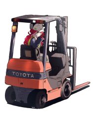  1girl balladeluce commentary english_commentary forklift gloves helmet high-visibility_clothing high-visibility_vest highres long_hair looking_at_viewer looking_back loves_only_you_(umamusume) red_gloves red_hair simple_background solo toyota umamusume white_background white_helmet yellow_eyes 