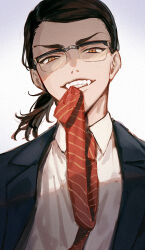  1boy baji_keisuke dress_shirt glasses grin jacket kota_uro long_hair male_focus mouth_hold necktie necktie_in_mouth ponytail rectangular_eyewear shirt simple_background smile solo suit_jacket teeth_hold tokyo_revengers white_background white_shirt 