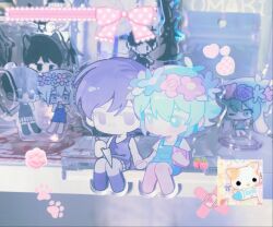  2boys antenna_hair aqua_hair basil_(headspace)_(omori) basil_(omori) blue_overalls blush book chibi chibi_only colored_skin fluorett head_wreath holding holding_book holding_hands holding_knife knife looking_at_another male_focus multiple_boys omori omori_(omori) overalls overlay photo_(medium) purple_hair short_hair white_skin 