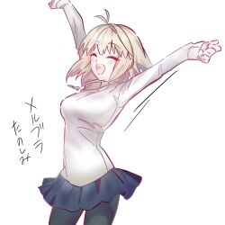  1girl antenna_hair arcueid_brunestud arms_up black_pantyhose blonde_hair blue_skirt blush breasts clenched_hands closed_eyes cowboy_shot happy highres jewelry miniskirt necklace numuhe open_mouth pantyhose plaid_clothes plaid_skirt short_hair single_hair_intake skirt smile solo sweater teeth translation_request tsukihime tsukihime_(remake) turtleneck turtleneck_sweater upper_teeth_only white_background white_sweater 