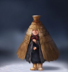  1other ambiguous_gender anse_syen boots child commentary english_commentary highres hood_over_eyes japanese_clothes original photoshop_(medium) simple_background snow snow_on_clothes solo straw_cape traditional_youkai yukiwarashi 