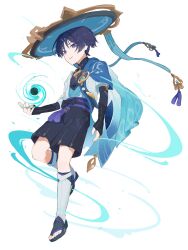  1boy armor arms_at_sides belt black_belt black_bodysuit black_bow black_bridal_gauntlets black_hair black_hole black_sandals black_shorts blue_cape blue_gem blue_hat blue_jingasa blue_kimono blue_sleeves blunt_ends bodysuit bow bridal_gauntlets bright_pupils cape choppy_bangs commentary_request feathers full_body furisode gem genshin_impact gold gold_ring hakama hakama_shorts hat heki_pepper highres japanese_armor japanese_clothes jingasa juban kimono kote kurokote layered_sleeves leg_warmers looking_at_viewer male_focus mandarin_collar middle_ring open_clothes open_kimono parted_lips pleated_shorts pom_pom_(clothes) purple_rope purple_sash rope sandals sash scaramouche_(genshin_impact) short_sleeves shorts shoulder_peek side_cape smile solo stirrup_legwear tassel toeless_legwear toenails toes tsurime violet_eyes vision_(genshin_impact) wanderer_(genshin_impact) watermark white_background white_kimono white_leg_warmers white_mouth white_pupils white_sleeves white_trim wind wolf_cut yellow_feathers zouri 