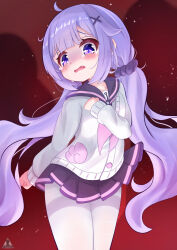  1girl ahoge azur_lane blush commentary_request fang hair_flaps hair_ornament highres long_hair looking_at_viewer official_alternate_costume open_mouth pantyhose purple_hair purple_sailor_collar purple_scrunchie purple_skirt sailor_collar sakamarujp scrunchie shirt skirt solo unicorn_(azur_lane) unicorn_(long-awaited_date)_(azur_lane) very_long_hair violet_eyes white_pantyhose white_shirt x_hair_ornament 