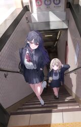 2girls absurdres bag black_hair black_jacket black_shoes black_skirt blazer blonde_hair blue_streaks bow bowtie braid collared_shirt commentary cup day disposable_cup dress_shirt drink ear_piercing from_above hanada_ten hand_in_pocket hand_up highres holding holding_cup holding_drink ichinose_uruha jacket komori_met loafers long_hair looking_at_viewer multicolored_hair multiple_girls on_stairs outdoors piercing pleated_skirt school_bag school_uniform shirt shirt_tucked_in shoes skirt socks streaked_hair subway_entrance twin_braids violet_eyes virtual_youtuber vspo! white_shirt white_socks 