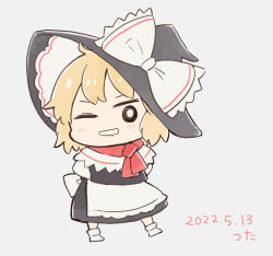  1girl apron artist_name back_bow black_skirt black_vest blonde_hair blush bow capelet chibi chibi_only commentary_request cyu_ta dated full_body grin hat hat_bow highres kirisame_marisa medium_hair one_eye_closed perfect_cherry_blossom pink_background red_scarf scarf shirt shoes skirt smile solo touhou vest white_apron white_bow white_capelet white_shirt white_shoes 
