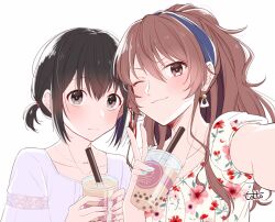  2girls alternate_costume alternate_hairstyle ashigara_(kancolle) black_hair blue_hairband blue_nails blush brown_eyes brown_hair bubble_tea closed_mouth commentary_request cup disposable_cup drinking_straw earrings floral_print haguro_(kancolle) hair_between_eyes hair_ribbon hairband holding holding_cup jewelry kantai_collection long_hair looking_at_viewer low_twintails multiple_girls nail_polish necklace one_eye_closed pink_nails red_ribbon ribbon selfie shirt short_sleeves short_twintails sidelocks signature simple_background smile totto_(naka) twintails upper_body v white_background 