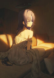  1girl absurdres bare_shoulders black_halo blue_archive closed_mouth commentary damcheong halo highres indoors long_hair looking_to_the_side nightgown on_bed purple_hair solo very_long_hair violet_eyes white_nightgown yuuka_(blue_archive) 