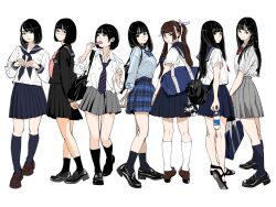  6+girls bag black_hair blue_skirt blunt_bangs bob_cut bottle brown_hair commentary_request food grey_skirt highres holding kneehighs loafers long_hair looking_at_viewer multiple_girls neckerchief necktie original plaid_clothes plaid_skirt pleated_skirt ponytail sailor_collar sakamoto_giulietta school_bag school_uniform serafuku shirt shoes short_hair simple_background skirt socks twintails water_bottle white_background white_shirt 