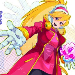  1girl absurdres black_bodysuit blonde_hair blue_eyes bodysuit ciel_(mega_man) coat cowboy_shot high_ponytail highres long_hair mega_man_(series) mega_man_zero_(series) open_clothes open_coat pink_coat pink_shirt pink_skirt ponytail shirt skirt solo weezcore 