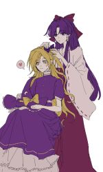 2girls adjusting_another's_hair blonde_hair bow capelet dress frilled_hat frills hair_bow hakama hakurei_reimu hakurei_reimu_(pc-98) hat hat_bow heart highres japanese_clothes kirisame_marisa kirisame_marisa_(pc-98) long_hair miko multiple_girls parted_bangs purple_capelet purple_dress purple_hair purple_hat red_bow red_hakama spoken_heart touhou touhou_(pc-98) very_long_hair violet_eyes white_background wide_sleeves witch_hat yellow_eyes 