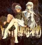  1girl blue_eyes crossed_legs dark_skin hair highres johnathan_mar jormungand koko_hekmatyar long_hair short short_hair silver_hair sitting white_hair yoshikiri 