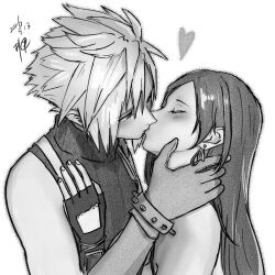  1boy 1girl absurdres bare_shoulders blush closed_eyes cloud_strife couple dated earrings english_commentary eva02asuka0608 final_fantasy final_fantasy_vii final_fantasy_vii_rebirth final_fantasy_vii_remake fingerless_gloves gloves hand_on_another's_cheek hand_on_another's_chest hand_on_another's_face heart hetero highres jewelry kiss long_hair looking_at_another ribbed_sweater short_hair signature simple_background sleeveless sleeveless_turtleneck spiky_hair sweater teardrop_earrings tifa_lockhart turtleneck turtleneck_sweater upper_body white_background 
