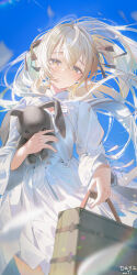  1girl absurdres backlighting blue_sky blurry blush chinese_commentary clouds commentary_request day depth_of_field dress from_below hair_ornament hair_ribbon highres holding kasugano_sora koi_hh lens_flare long_hair long_sleeves looking_at_viewer outdoors ribbon sky solo stuffed_animal stuffed_rabbit stuffed_toy suitcase sunlight twintails white_dress white_hair wind yellow_eyes yosuga_no_sora 