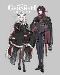  1boy 1girl absurdres ahoge alternate_costume bare_shoulders belt black_dress black_gloves bow closed_mouth clothes_lift collared_shirt commentary detached_sleeves dress dress_lift earrings elbow_gloves english_text frilled_dress frilled_sleeves frills garter_belt garter_straps genshin_impact gloves grey_background hair_between_eyes hair_bow hair_intakes hair_ornament hand_on_own_chest hand_up highres holding holding_own_dress jacket jacket_on_shoulders jewelry logo long_hair long_sleeves multicolored_hair necktie noy_(genshin_impact) pale_skin pants pantyhose papajay_(jennygin2) pointy_ears ponytail puffy_dress red_eyes red_hair red_necktie ronova_(genshin_impact) shirt short_sleeves sketch torn_clothes torn_pantyhose train_(clothing) untranslatable_commentary very_long_hair vest white_hair yellow_eyes 