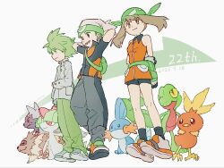  1girl 2boys bag bandana beanie bike_shorts black_socks brendan_(pokemon) brown_eyes brown_hair closed_mouth commentary_request dated dress fanny_pack gloves green_bag green_bandana green_hair green_pants grey_shirt hat highres long_sleeves may_(pokemon) mudkip multiple_boys orange_dress pants pokemon pokemon_(creature) pokemon_emerald pokemon_ruby/sapphire/emerald poochyena ralts shirt shoes short_dress short_hair short_sleeves sleeveless sleeveless_dress smile socks standing starter_pokemon_trio tan_carbonnn torchic treecko wally_(pokemon) zigzagoon 