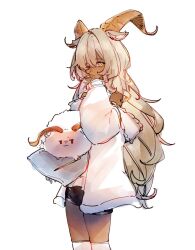  1girl animal_ear_fluff animal_ears animalization arknights beeswax_(arknights) beeswax_(weisser_sand)_(arknights) black_shorts blonde_hair brown_horns carnelian_(arknights) commentary cowboy_shot dark-skinned_female dark_skin fur-trimmed_jacket fur_trim goat goat_ears goat_girl goat_horns haki_penguin hand_up highres horns jacket long_hair long_sleeves looking_at_viewer one_eye_closed over-kneehighs pillow short_shorts shorts simple_background sleeves_past_wrists thigh-highs untranslatable_commentary very_long_hair white_background white_jacket white_thighhighs yellow_eyes 