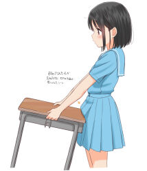  1girl arrow_(symbol) black_hair blue_sailor_collar blue_serafuku blue_shirt blue_skirt blush brown_eyes closed_mouth commentary_request cowboy_shot cropped_legs desk from_side leaning_forward looking_to_the_side miniskirt original pleated_skirt profile retsumaru sailor_collar school_desk school_uniform serafuku shirt short_hair short_sleeves sidelocks simple_background skirt solo standing white_background 