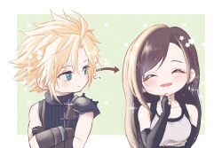  1boy 1girl armor arrow_(symbol) bare_shoulders black_gloves black_hair blonde_hair blue_eyes blue_sweater blush border breasts brown_hair c_cube29 closed_eyes closed_mouth cloud_strife collarbone commentary_request crop_top crossed_arms earrings facing_viewer final_fantasy final_fantasy_vii final_fantasy_vii_remake fingerless_gloves gloves green_background hetero jewelry long_hair looking_at_another looking_to_the_side medium_breasts open_mouth outside_border ribbed_sweater short_hair shoulder_armor single_bare_shoulder sleeveless sleeveless_turtleneck smile sparkle spiky_hair star_(symbol) straight-on suspenders sweater swept_bangs tank_top teardrop_earrings tifa_lockhart turtleneck turtleneck_sweater upper_body white_border white_tank_top 