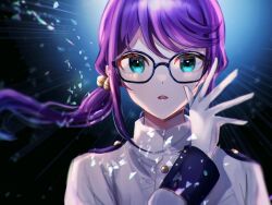  1girl aqua_eyes bell black-framed_eyewear blue_background blurry buttons collared_jacket commentary_request depth_of_field dot_nose flipped_bangs floating_hair glasses gloves gradient_background hair_bell hair_ornament high_collar highres hoshimi_junna jacket long_hair long_sleeves looking_at_viewer low_side_ponytail neko_maki_non non-circular_lens_flare official_alternate_costume open_mouth partial_commentary plain_epaulettes purple_hair radial_gradient_background shoujo_kageki_revue_starlight side_ponytail sidelocks solo upper_body v-shaped_eyebrows white_gloves white_jacket 