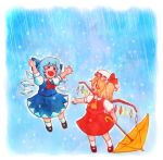  :d arms_up ascot blonde_hair blue_hair blush bow cirno colored_pencil_(medium) commentary flandre_scarlet hair_bow happy hat hat_ribbon multiple_girls open_mouth outstretched_arms rain ribbon shirt side_ponytail skirt skirt_set smile snow solid_circle_eyes terajin touhou traditional_media umbrella wings 