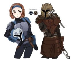  2girls armor bo-katan_kryze fuku_(otyatya_3937) green_eyes hammer helmet highres holding holding_hammer holding_tongs holding_unworn_helmet mandalorian mandalorian_helmet multiple_girls orange_hair simple_background star_wars the_armorer_(star_wars) the_mandalorian tongs translation_request unworn_headwear unworn_helmet white_background 
