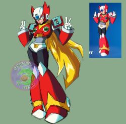  1boy android armor artist_logo blonde_hair blue_eyes boots commentary contagiousshrimp double_v english_commentary full_body gloves green_background hands_up helmet logo long_hair mega_man_(series) mega_man_x_(series) red_armor red_boots red_helmet reference_inset robot_boy simple_background sketch solo v very_long_hair white_gloves zero_(mega_man) 
