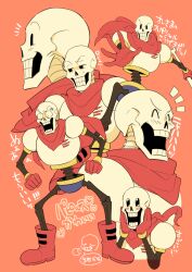  1boy 2023 2d anger_vein armor blue_shorts bone boots cape character_name closed_mouth cropped_torso digital_media from_side full_body gloves hip_bones holding holding_bone humanoid legs_apart male male_focus male_only miya31 monster monster_boy multiple_expressions multiple_views notice_lines open_mouth orange_background papyrus_(undertale) print_armor red_boots red_cape red_gloves sans_(undertale) shorts simple_background skeleton solo spine standing teeth text translation_request undead undertale utdr_(toby_fox) white_armor yellow_trim 