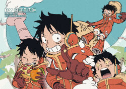  1boy artist_name black_hair boots brown_gloves burger closed_eyes coat eating english_commentary food gloves grin hat headphones highres holding holding_burger holding_food holding_pizza hood hooded_coat index_finger_raised long_sleeves looking_at_viewer monkey_d._luffy multiple_views official_alternate_costume one_piece pizza pizza_slice radio_antenna red_boots red_coat robinlovesop scar scar_on_cheek scar_on_face short_hair smile sparkle sparkling_eyes straw_hat 