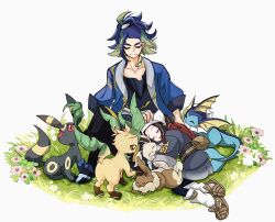  1boy 1girl adaman_(pokemon) akari_(pokemon) alternate_color blue_hair blue_jacket brown_eyes closed_eyes closed_mouth cocoa_s3 collarbone commentary_request eevee evolutionary_line eyebrow_cut grass headscarf highres jacket leafeon leg_warmers lying on_ground on_side open_clothes open_jacket open_mouth pokemon pokemon_(creature) pokemon_legends:_arceus red_scarf scarf shiny_pokemon simple_background sitting sleeping tail umbreon vaporeon white_background white_headscarf 
