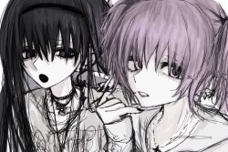  2girls akemi_homura black_hair commentary_request hairband highres imaginaryoil100 jewelry kaname_madoka long_hair mahou_shoujo_madoka_magica multiple_girls necklace pink_hair twintails violet_eyes 