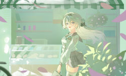  1girl absurdres aqua_bow aqua_bowtie bag black_hairband bow bowtie breasts buttons commentary cowboy_shot double-breasted english_commentary falling_petals firefly_(honkai:_star_rail) firefly_(spring_missive)_(honkai:_star_rail) floating_hair from_side grey_hair grey_sailor_collar grey_skirt hair_between_eyes hair_ornament hairband highres holding holding_bag honkai:_star_rail honkai_(series) horik_22 long_hair long_sleeves looking_at_viewer medium_breasts name_tag official_alternate_costume open_mouth outdoors petals plaid_bow plaid_bowtie plaid_clothes plaid_skirt sailor_collar school_uniform serafuku shirt skirt smile solo storefront thigh-highs untucked_shirt violet_eyes white_shirt white_thighhighs wind zettai_ryouiki 