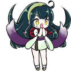  1girl absurdres ahoge chibi chibi_only edomura_niniko full_body green_hair green_hairband green_kimono hairband hands_up highres japanese_clothes kimono long_hair nervous_sweating obi official_art okobo open_mouth platform_sandals purple_sash sandals sash second-party_source short_sleeves simple_background socks solo standing sweat tabi touhoku_zunko transparent_background v-shaped_eyebrows very_long_hair voiceroid white_socks yellow_eyes 