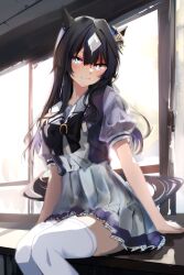  1girl absurdres animal_ears blue_eyes blue_hair blush bow bowtie breasts closed_mouth ear_covers hair_between_eyes highres horse_ears horse_girl horse_tail long_hair looking_at_viewer mole mole_under_eye multicolored_hair pleated_skirt puffy_short_sleeves puffy_sleeves purple_bow purple_bowtie purple_shirt sailor_collar sailor_shirt school_uniform shirt short_sleeves single_ear_cover sitting skirt smile solo tail thigh-highs tracen_school_uniform umamusume verxina_(umamusume) white_sailor_collar white_skirt white_thighhighs yoojp zettai_ryouiki 