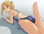  ass barefoot blonde_hair competition_swimsuit feet foreshortening green_eyes hashi long_hair looking_back lying on_stomach one-piece_swimsuit original perspective solo swimsuit twintails wet 